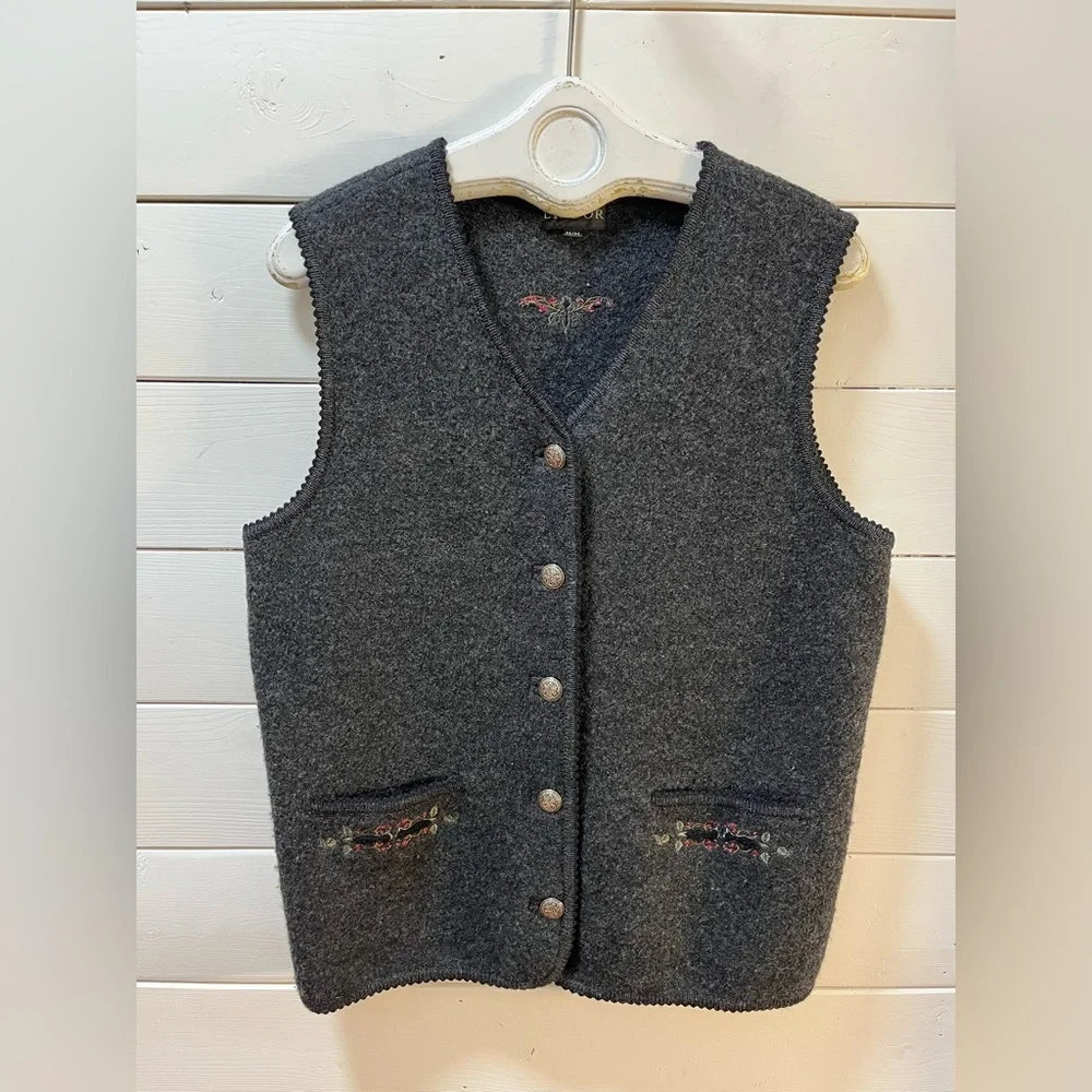 LINDOR Grey Wool Embroidered Vest Size M - Picture 1 of 8